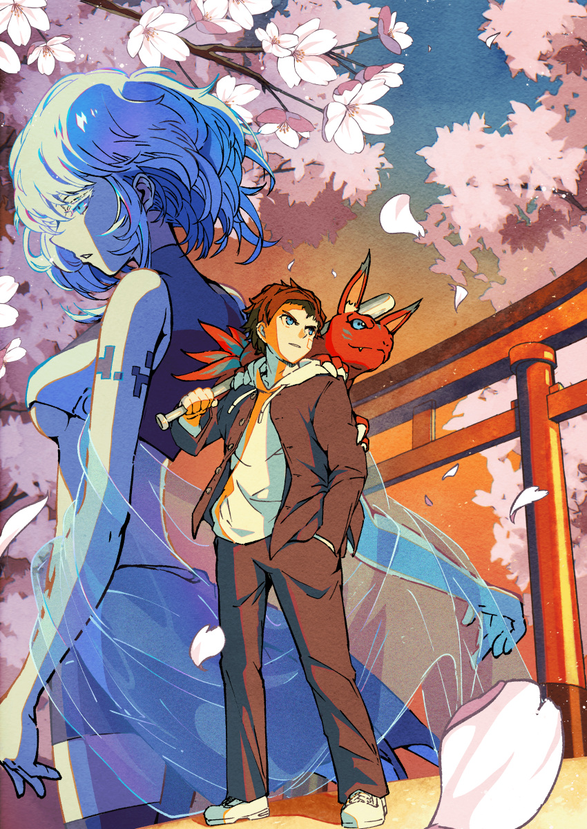 1boy, 1girl, absurdres, ayumuminato, bare_shoulders, baseball_bat, black_jacket, black_pants, black_shorts, blue_eyes, body_fur, brown_hair, carrying, cherry_blossoms, digimon, digimon_(creature), digimon_paradox, elecmon, eve_(digimon), highres, holding, holding_baseball_bat, hood, hoodie, jacket, official_art, pants, petals, red_fur, shinonome_reiji, shorts, shoulder_carry, standing, torii, white_hair, white_hoodie