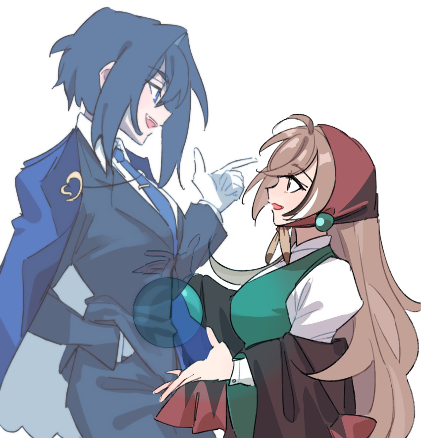 2girls, absurdres, ahoge, alternate_costume, anco_(platanity), ball_earrings, blue_eyes, blue_hair, blue_necktie, brown_coat, brown_eyes, brown_hair, coat, coat_on_shoulders, collared_shirt, crystal_ball, dress, feathers, fortune_teller, gloves, green_dress, hair_intakes, hand_in_pocket, headscarf, highres, hololive, hololive_english, long_hair, multicolored_hair, multiple_girls, nanashi_mumei, necktie, off_shoulder, ouro_kronii, ouro_kronii_(4th_costume), shirt, streaked_hair, suit, talking, very_long_hair, virtual_youtuber, white_gloves, white_shirt