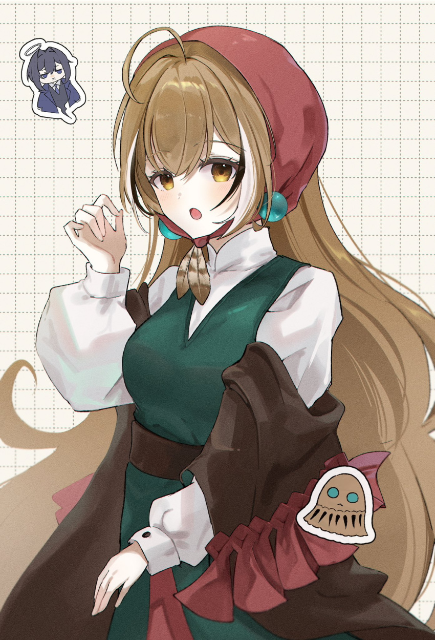 2girls, :o, ahoge, ball_earrings, brown_coat, brown_hair, brown_sash, chibi
