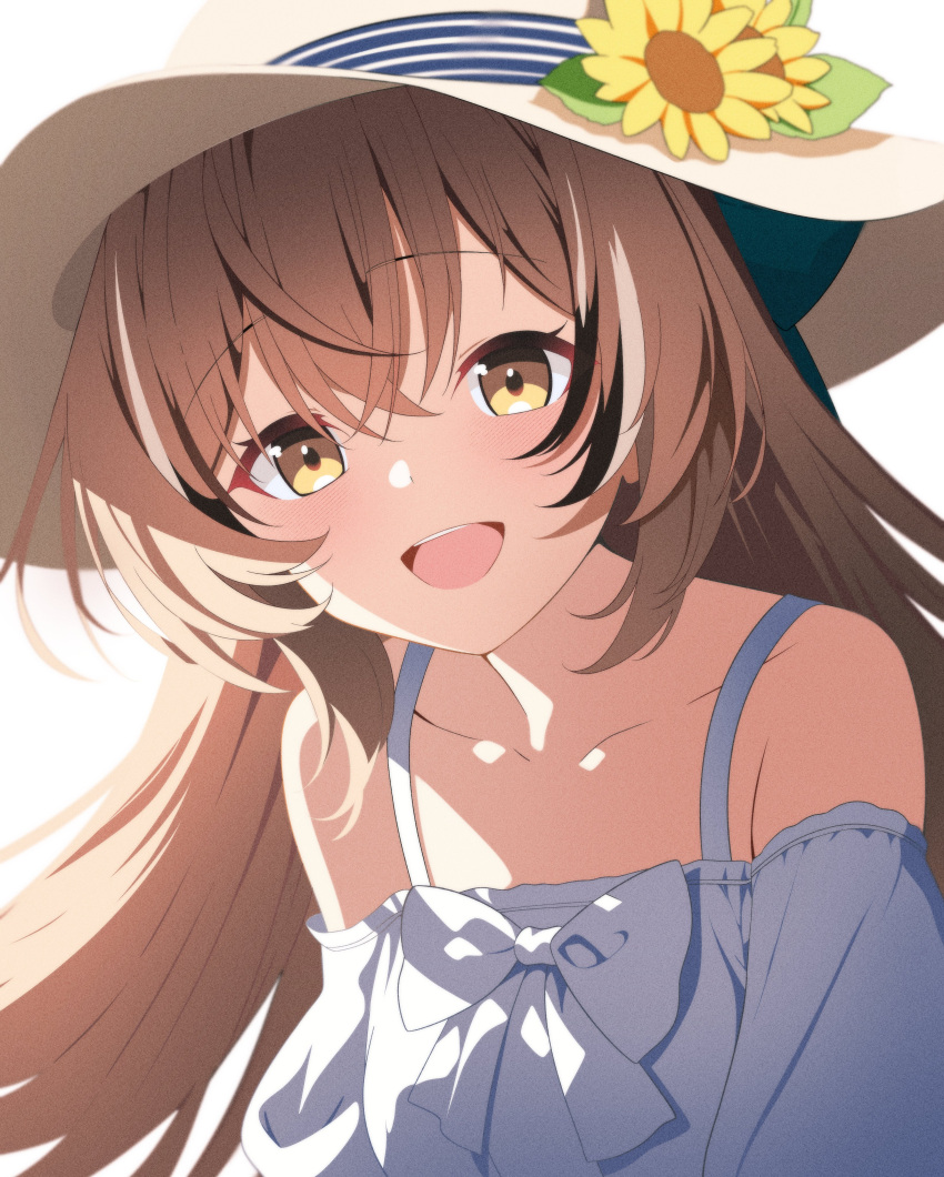 1girl, :d, absurdres, alternate_costume, brown_eyes, brown_hair, crossed_bangs, dress