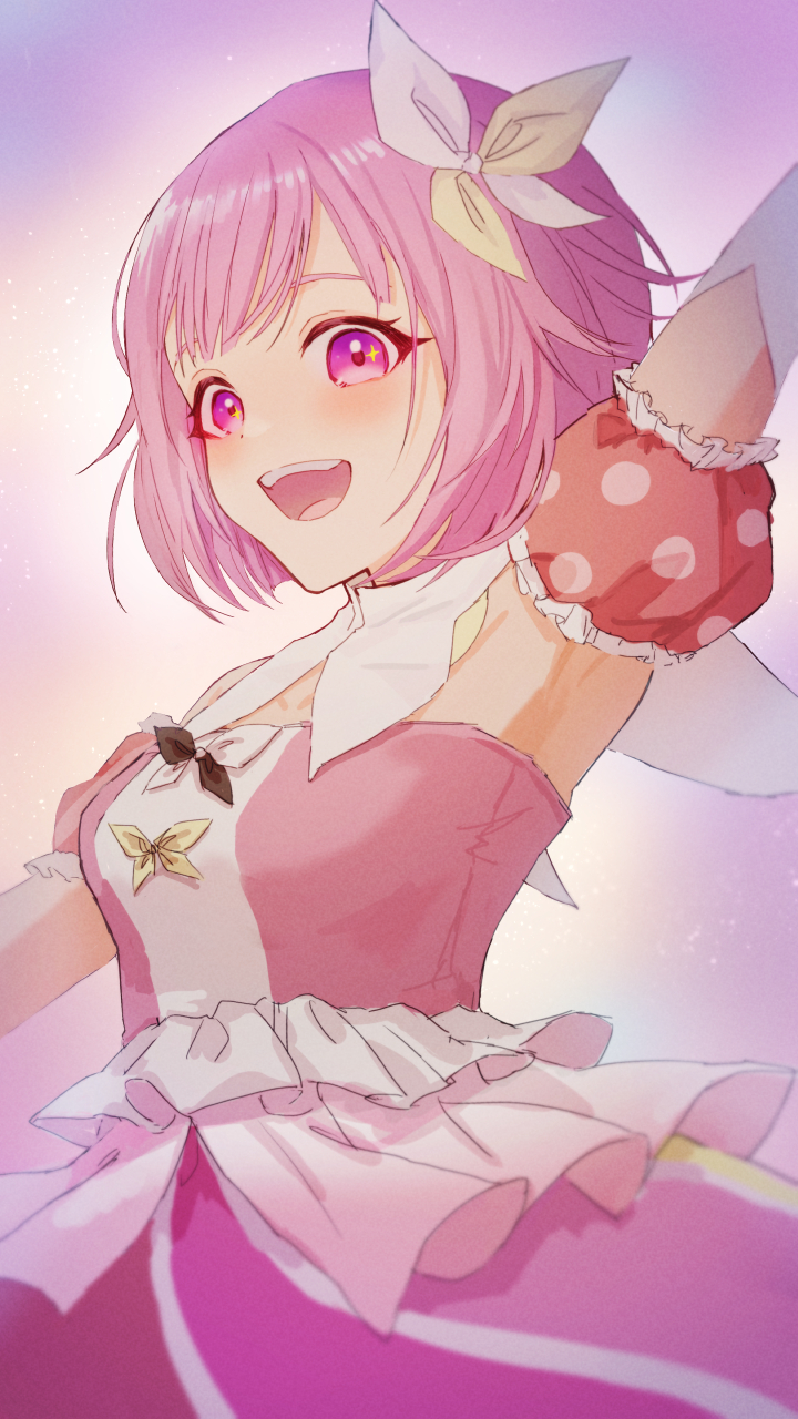 1girl, :d, arm_up, armpits, blush, bow, breasts, detached_collar