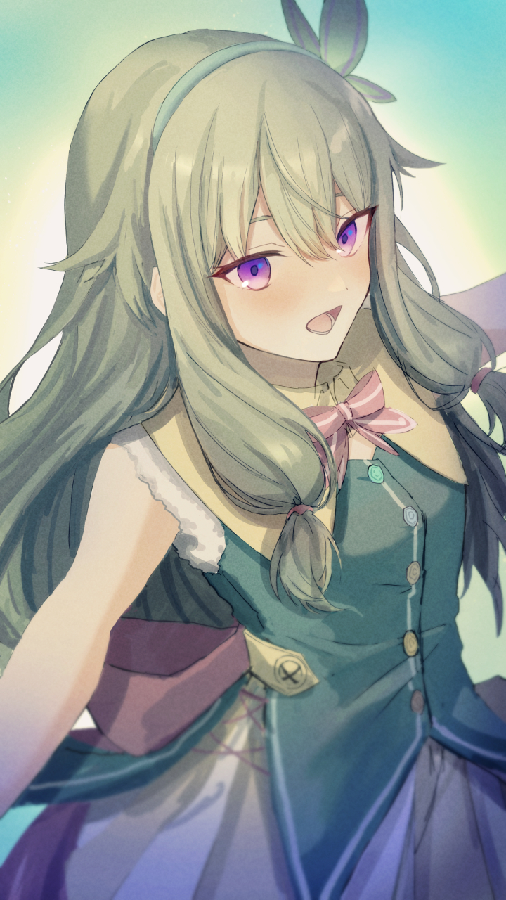 1girl, :d, blush, bow, bowtie, dress, green_hair, green_hairband