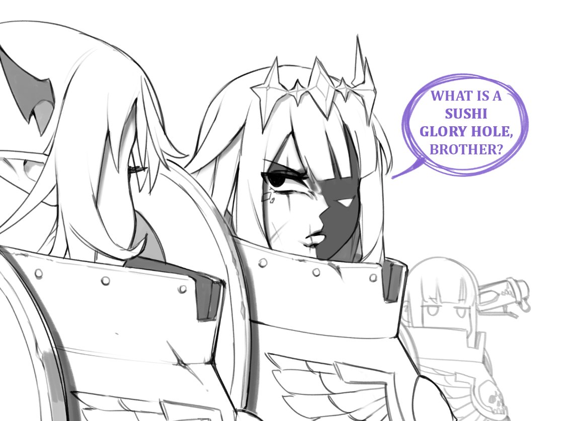 3girls, adeptus_astartes, armor, dasdokter, english_text, face_jewel, hair_ornament, hololive, hololive_english, horns, irys_(hololive), koseki_bijou, long_hair, mori_calliope, multiple_girls, pointy_ears, power_armor, scar, scar_on_face, virtual_youtuber, warhammer_40k, warhammer_40k:_space_marine, white_background