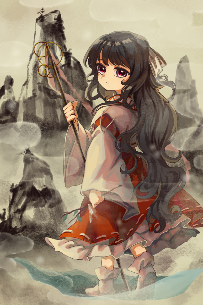 1girl, ankle_socks, black_hair, closed_mouth, commentary_request, frilled_skirt, frills, full_body