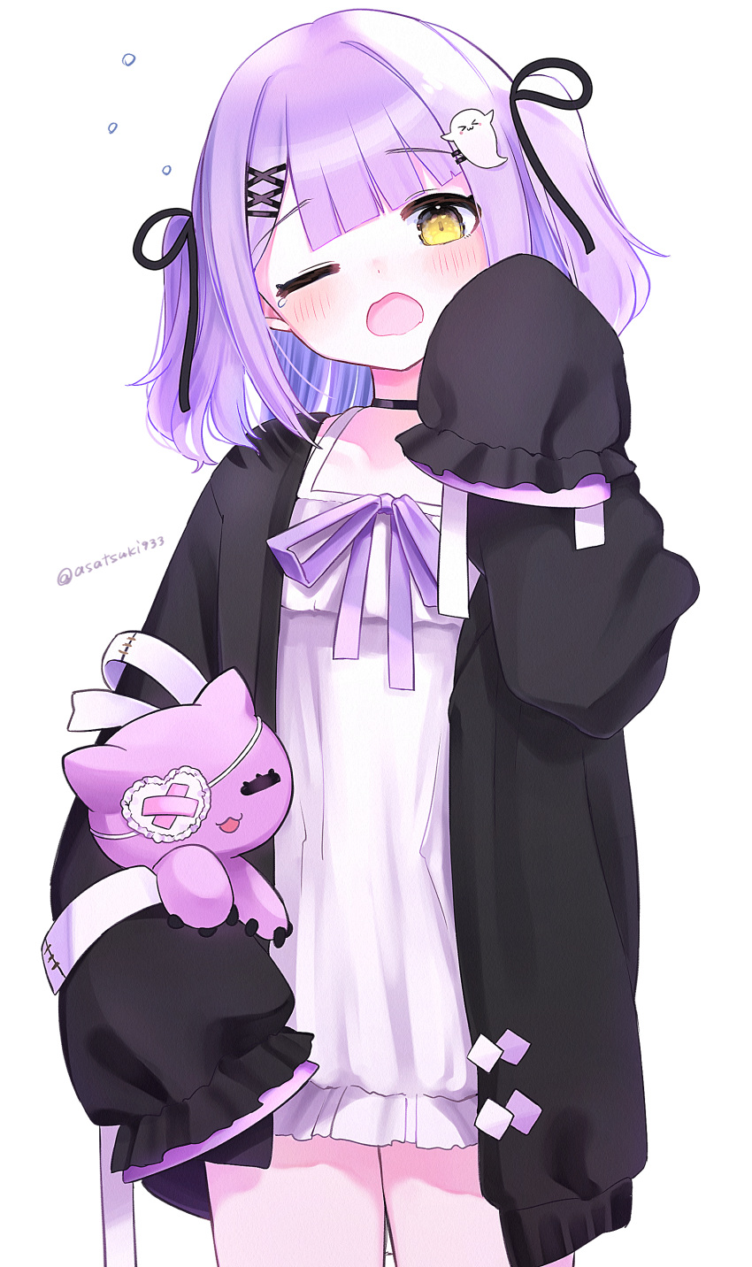 1girl, absurdres, asatsuki933, black_cardigan, black_choker, blunt_bangs, cardigan, chemise
