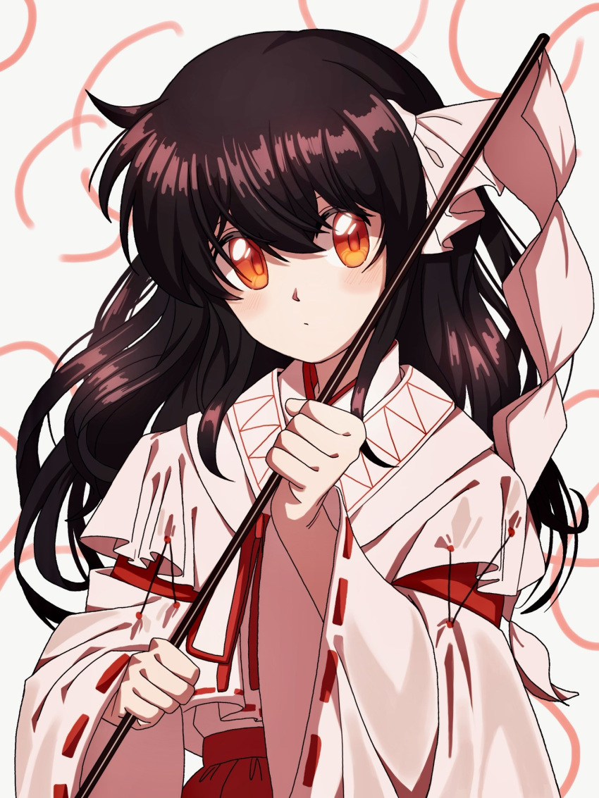1girl, black_hair, commentary_request, detached_sleeves, expressionless, girl_who_trained_on_mt._haku_(touhou), gohei, hair_ribbon