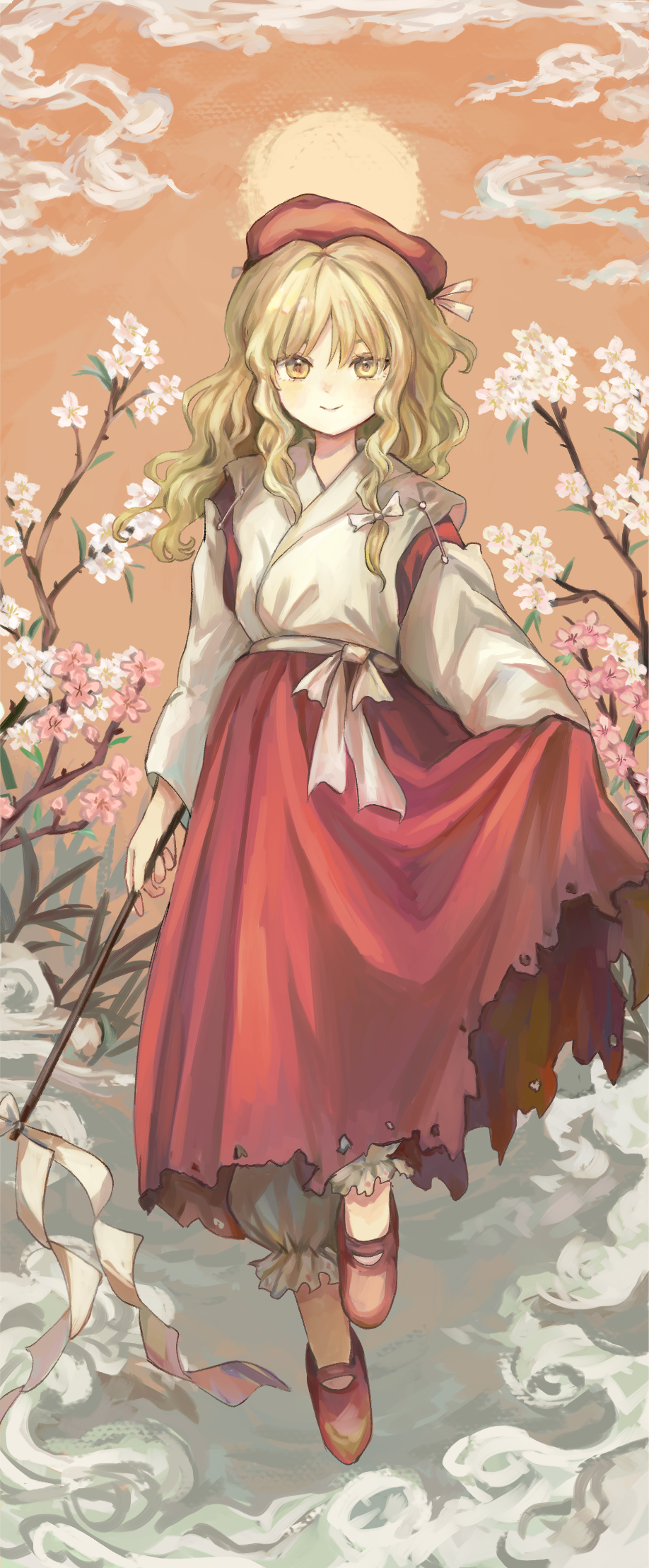 1girl, beret, blonde_hair, bloomers, bow, closed_mouth, commentary_request, detached_sleeves