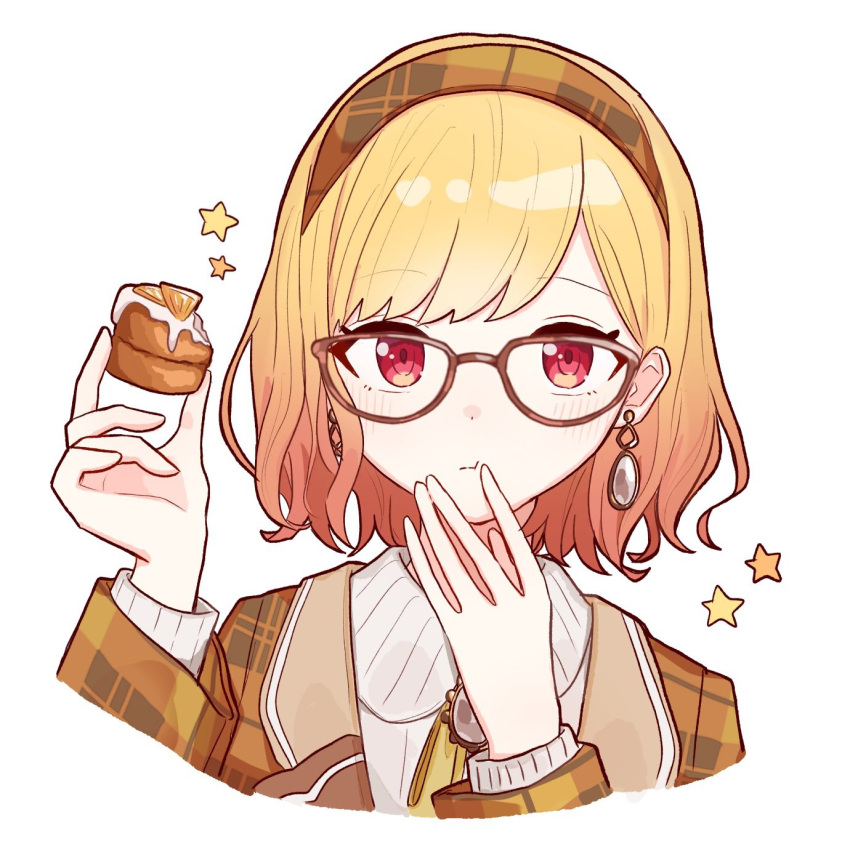 1girl, alternate_hairstyle, bespectacled, bolo_tie, brown-framed_eyewear, brown_hairband, brown_jacket, cake