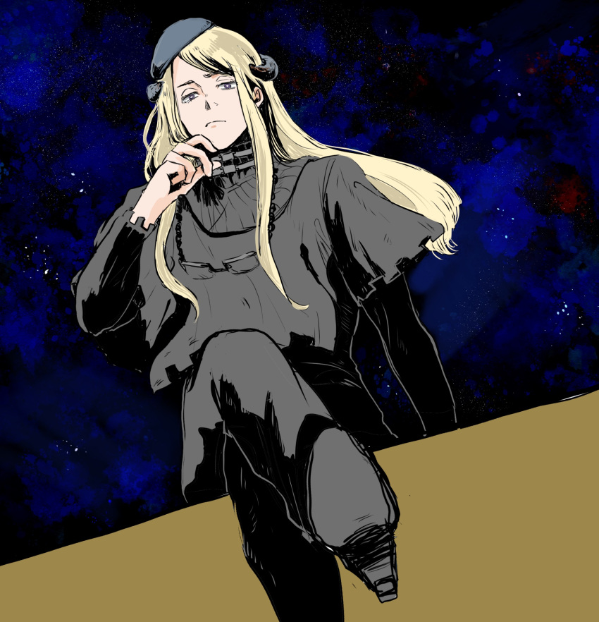 1boy, arm_support, arm_up, beret, black_footwear, black_hat, black_pants, black_shirt, blonde_hair, commentary_request, crossed_legs, frown, grey_eyes, gyonikus0, hair_intakes, hat, high_heels, highres, horns, layered_clothes, layered_sleeves, long_hair, long_sleeves, looking_down, male_focus, metaphor:_refantazio, more_(metaphor:_refantazio), pants, shirt, short_over_long_sleeves, short_sleeves, sitting, solo, space, spoilers, swept_bangs