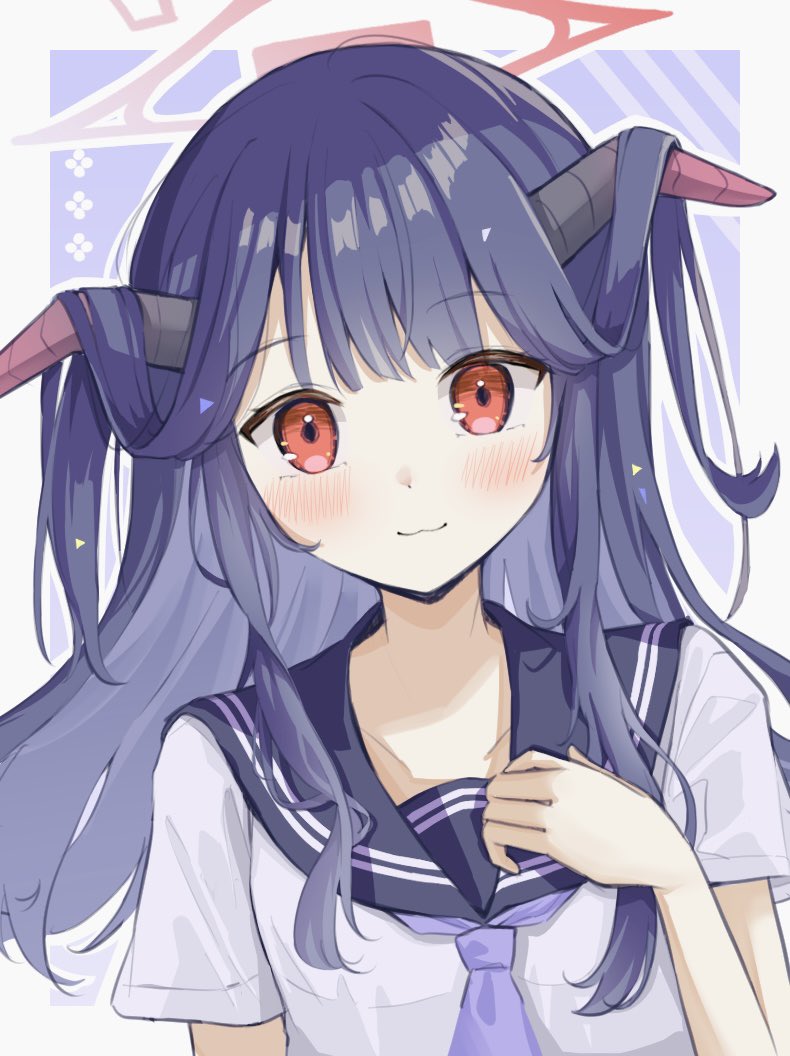 1girl, :3, alternate_costume, black_hair, black_horns, black_sailor_collar, blue_archive, blue_background