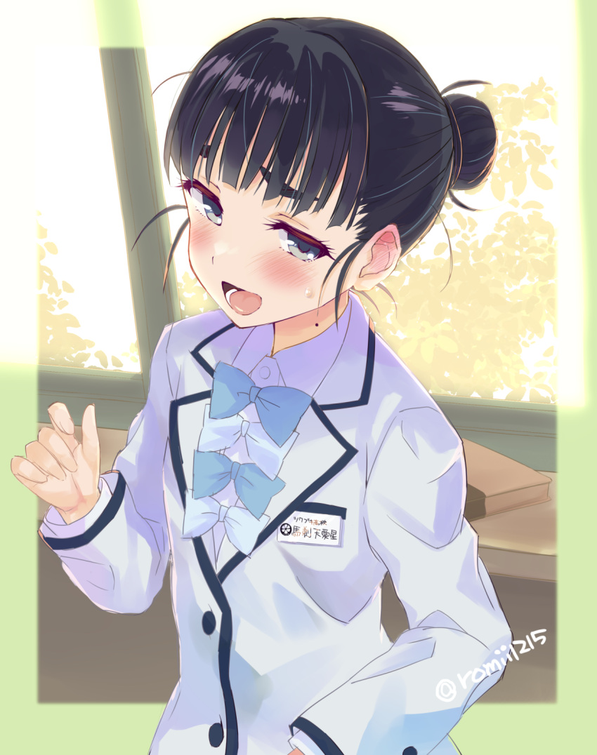 1girl, :o, artist_name, basori_tiara, black_hair, blue_bow, blue_bowtie, blush, book, bow, bowtie, grey_eyes, hair_bun, highres, indoors, long_sleeves, make_heroine_ga_oo_sugiru!, mole, mole_on_neck, romii1215, school_uniform, solo, standing, sweatdrop, white_bow, white_bowtie, window