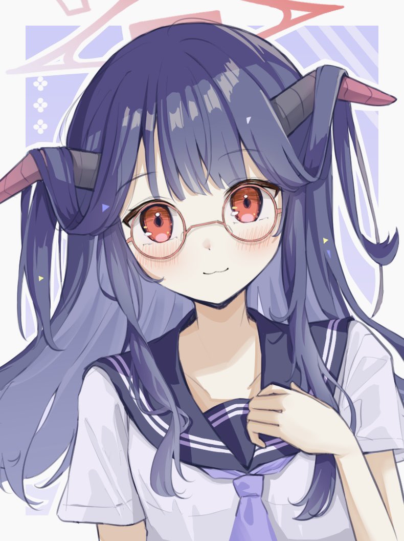 1girl, :3, alternate_costume, bespectacled, black_hair, black_horns, black_sailor_collar, blue_archive