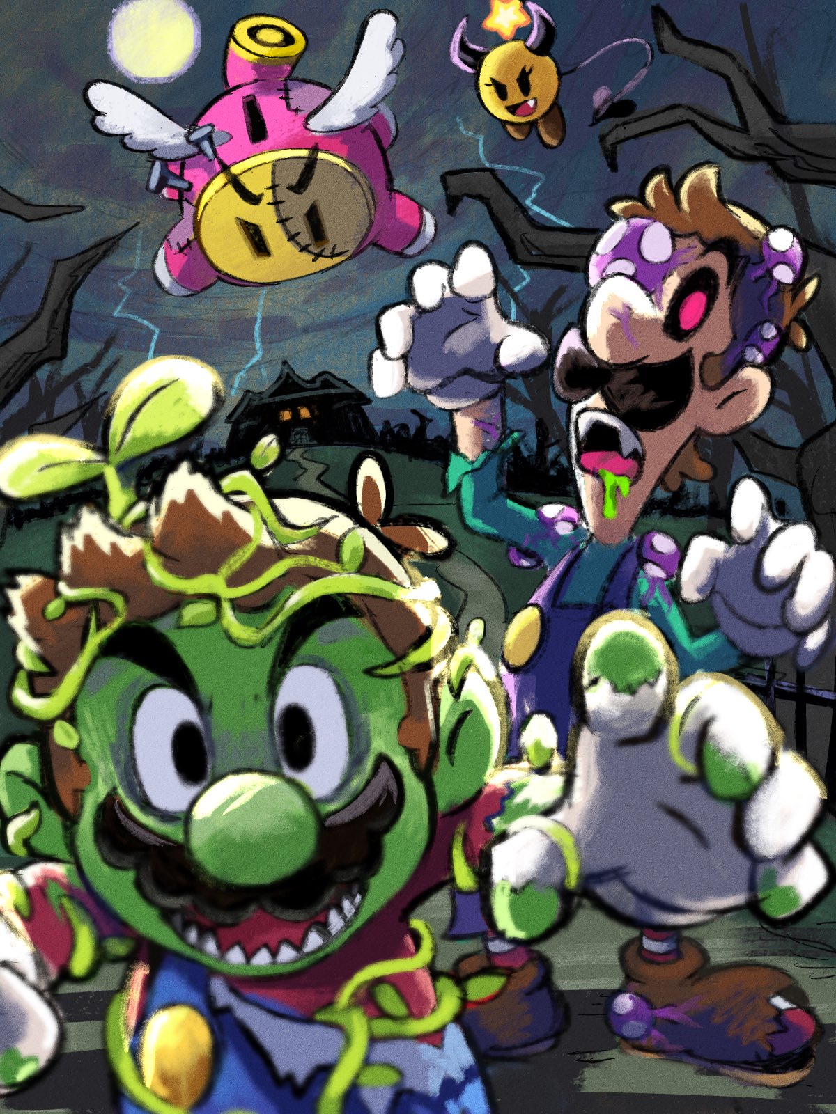 2boys, alternate_costume, bare_tree, blue_overalls, brothers, brown_hair, colored_skin, facial_hair, full_moon, gloves, green_shirt, green_skin, halloween, highres, horror_(theme), looking_at_viewer, luigi, mario, mario_&amp;_luigi:_brothership, mario_&amp;_luigi_rpg, masanori_sato_(style), moon, multiple_boys, mustache, night, outdoors, overalls, red_shirt, shirt, short_hair, siblings, snoutlet_(mario), spores, starlow, stitched_face, stitches, super_mario_bros., tree, white_gloves, ya_mari_6363, zombie