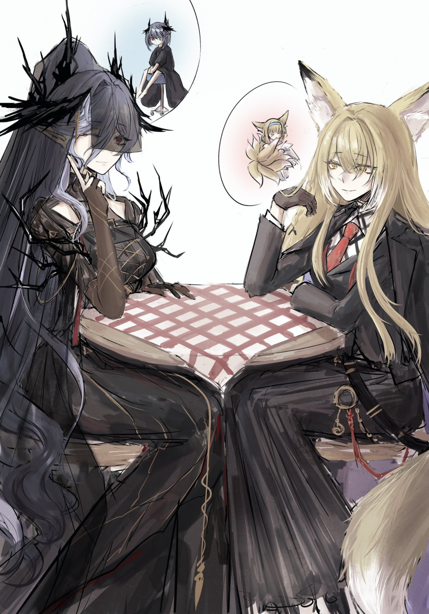 1boy, 3girls, ;), animal_ear_fluff, animal_ears, arknights, black_coat, black_dress