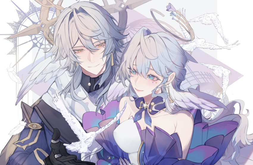 1boy, 1girl, aqua_eyes, bare_shoulders, bird, black_gloves, black_shirt, brother_and_sister