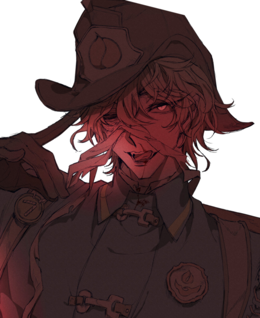 1boy, absurdres, badge, bandages, blood, blood_on_clothes, burn_scar, collared_jacket