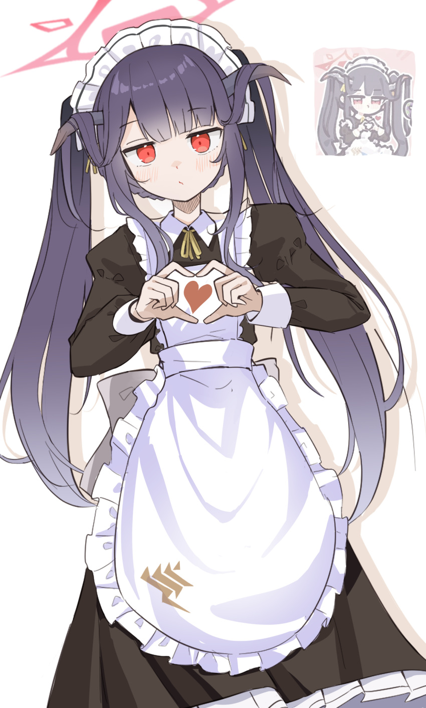 1girl, 4-finger_heart_hands, alternate_costume, apron, black_horns, black_shirt, black_skirt, blue_archive