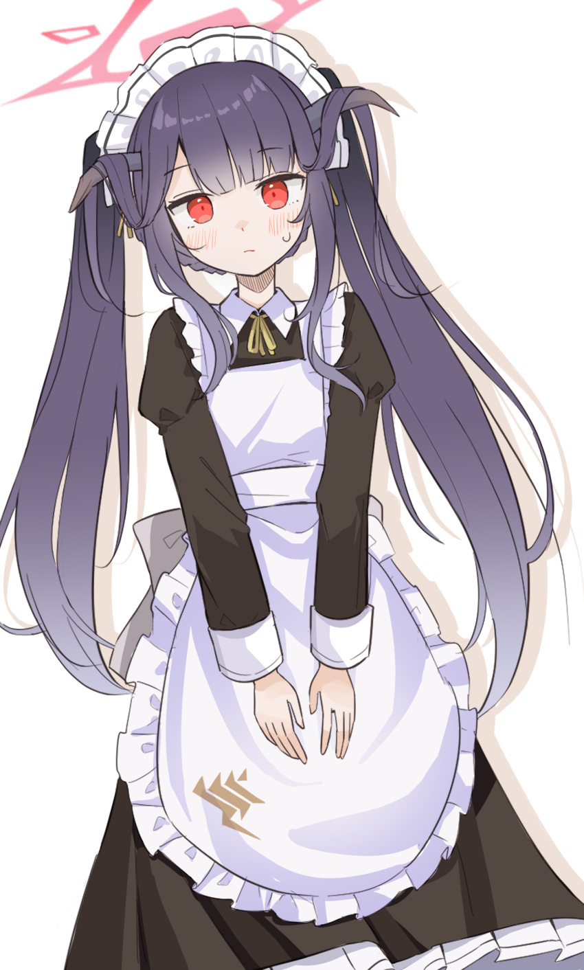 1girl, alternate_costume, apron, black_horns, black_shirt, black_skirt, blue_archive, blush, closed_mouth, commentary, demon_horns, drop_shadow, dutch_angle, enmaided, feet_out_of_frame, frilled_apron, frills, frown, fuuka_(blue_archive), hair_on_horn, halo, highres, horns, juliet_sleeves, long_hair, long_skirt, long_sleeves, looking_at_viewer, maid, maid_apron, maid_headdress, mosae, puffy_sleeves, red_eyes, red_halo, sanpaku, shirt, sidelocks, skirt, solo, standing, straight_hair, sweatdrop, twintails, v_arms, very_long_hair, white_apron