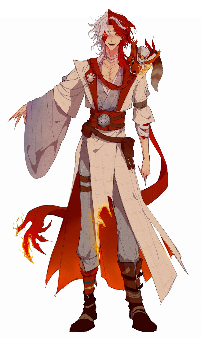 1boy, absurdres, asymmetrical_footwear, asymmetrical_sleeves, bandaged_arm, bandaged_neck, bandages, belt