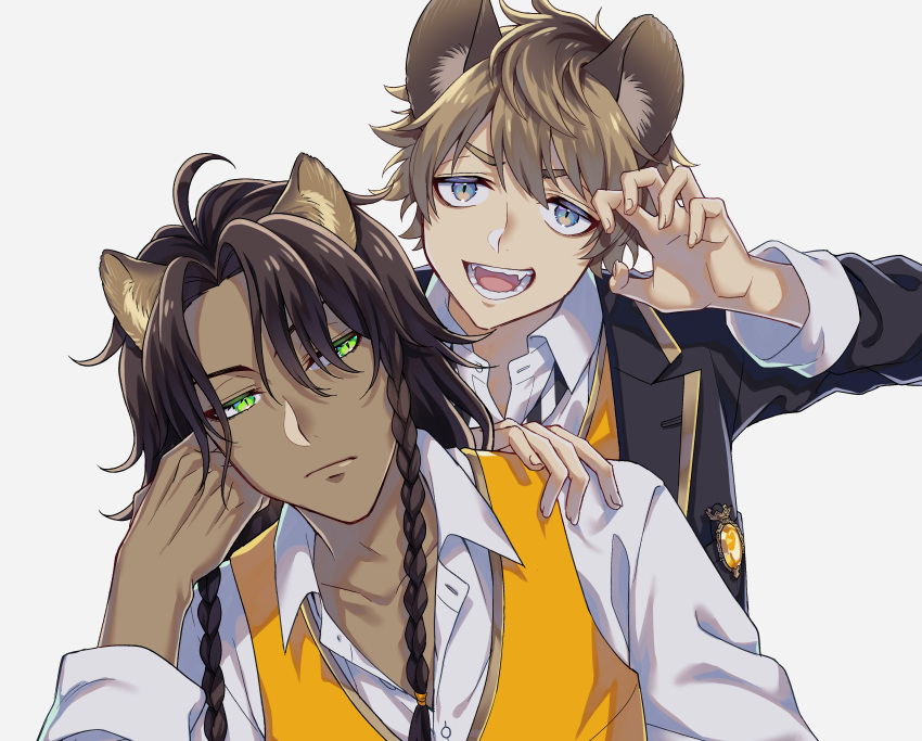 2boys, absurdres, animal_ears, ashnnk, blush, braid, brown_hair, claw_pose, commentary_request, fangs, green_eyes, grey_background, hand_on_another's_shoulder, highres, hyena_boy, hyena_ears, leona_kingscholar, lion_boy, lion_ears, long_hair, looking_at_viewer, male_focus, multiple_boys, night_raven_college_uniform, ruggie_bucchi, school_uniform, short_hair, simple_background, twin_braids, twisted_wonderland, upper_body, vest, yellow_vest