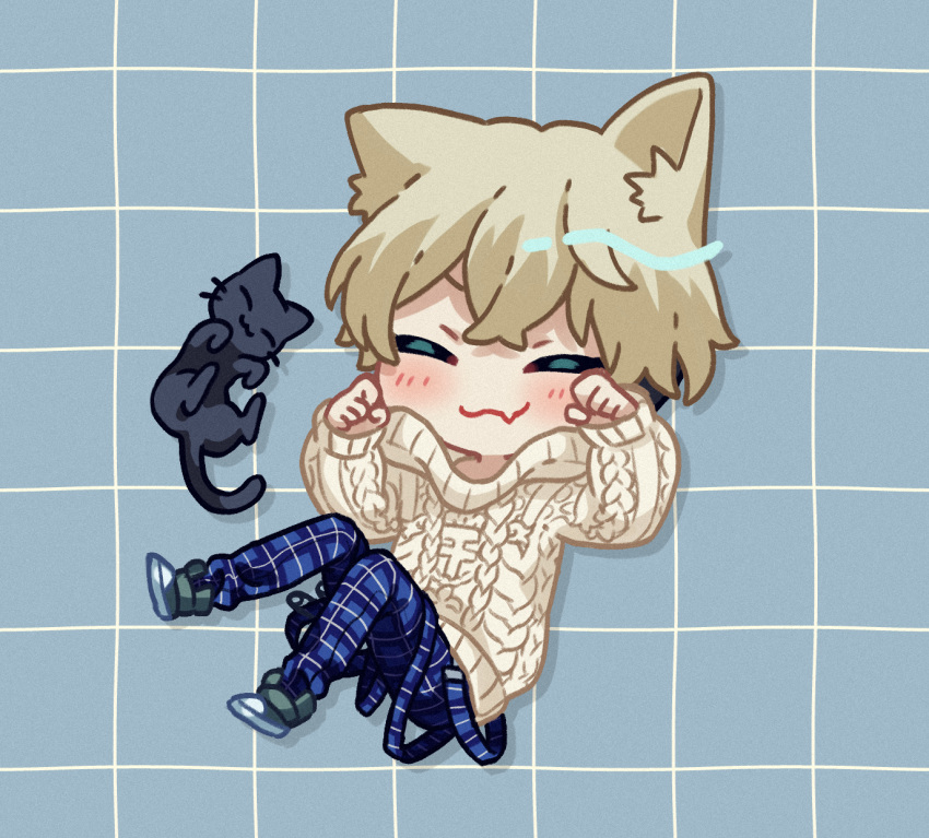1boy, :3, animal, animal_ears, argyle_clothes, argyle_sweater, ashnnk, blonde_hair
