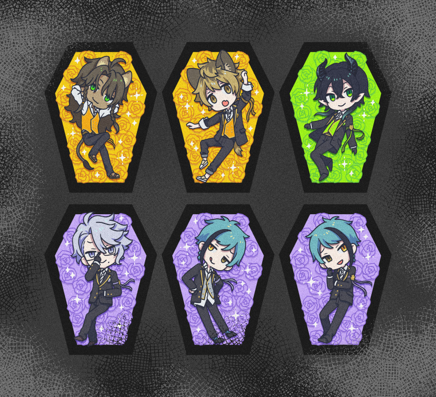 6+boys, absurdres, animal_ears, ashnnk, azul_ashengrotto, black_hair, blue_hair, brown_eyes