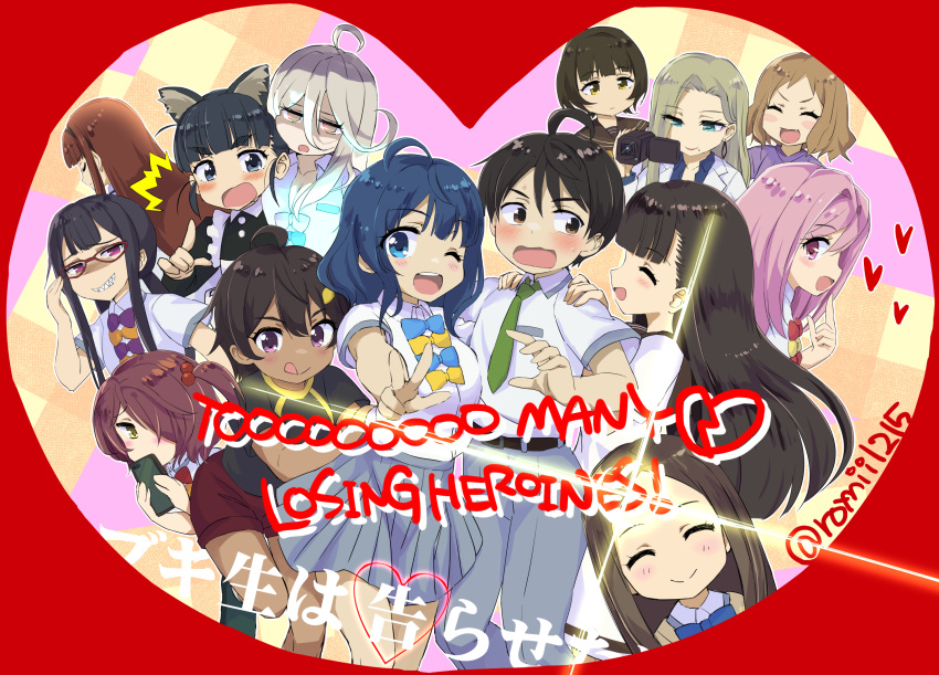 1boy, 6+girls, :d, :o, ;d, ahoge, alternate_costume, amanatsu_konami