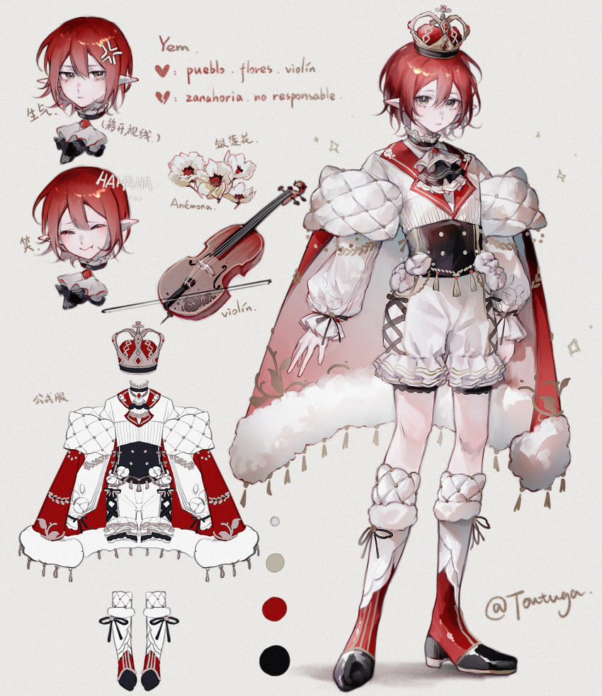 1boy, anemone_(flower), anger_vein, ascot, black_ascot, black_corset, boots, bow_(music), cape, chinese_commentary, commentary, corset, cross-laced_clothes, cross-laced_shorts, crown, dress_shirt, flower, frilled_shirt_collar, frills, fur-trimmed_cape, fur_trim, grey_background, grey_eyes, hair_between_eyes, highres, instrument, knee_boots, male_focus, multiple_views, original, pointy_ears, puffy_sleeves, red_cape, red_footwear, redhead, reference_sheet, shiguilinga, shirt, short_hair, shorts, signature, simple_background, two-tone_ascot, two-tone_footwear, violin, white_ascot, white_footwear, white_shirt, white_shorts