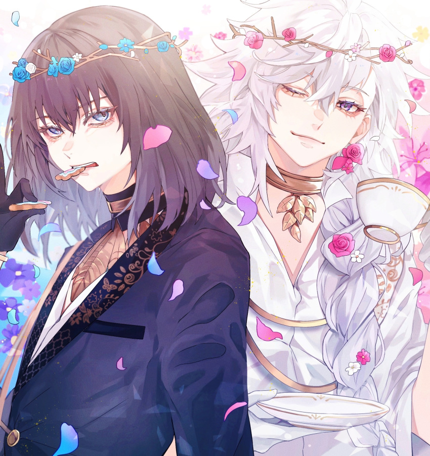 2boys, ;), black_gloves, black_hair, black_jacket, blue_eyes, blue_flower, blue_petals