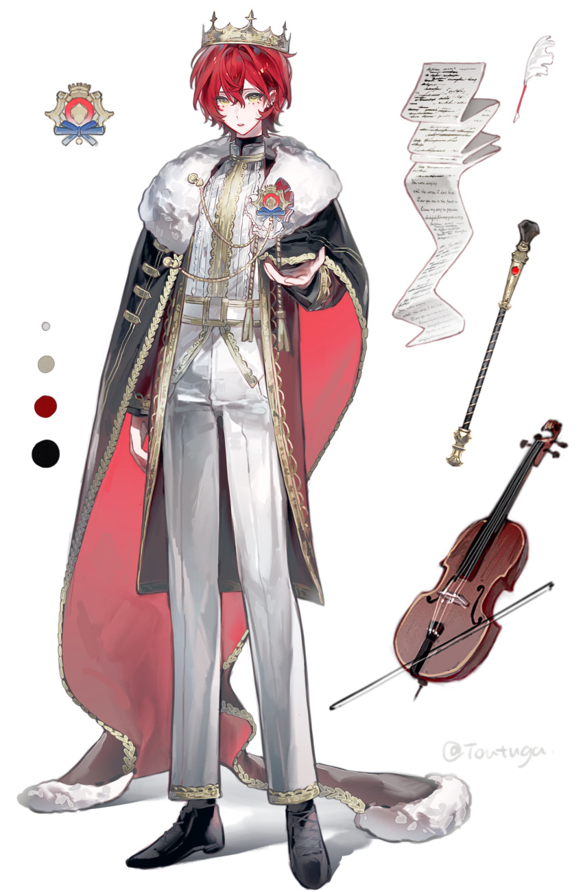 1boy, absurdres, artist_name, black_cape, black_footwear, bow_(music), cape, chinese_commentary