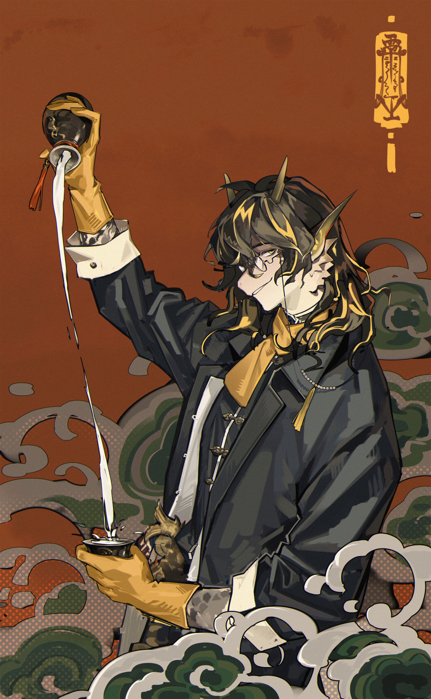 1boy, absurdres, an_de-and, arknights, brown_hair, chinese_clothes, cup, dragon_boy