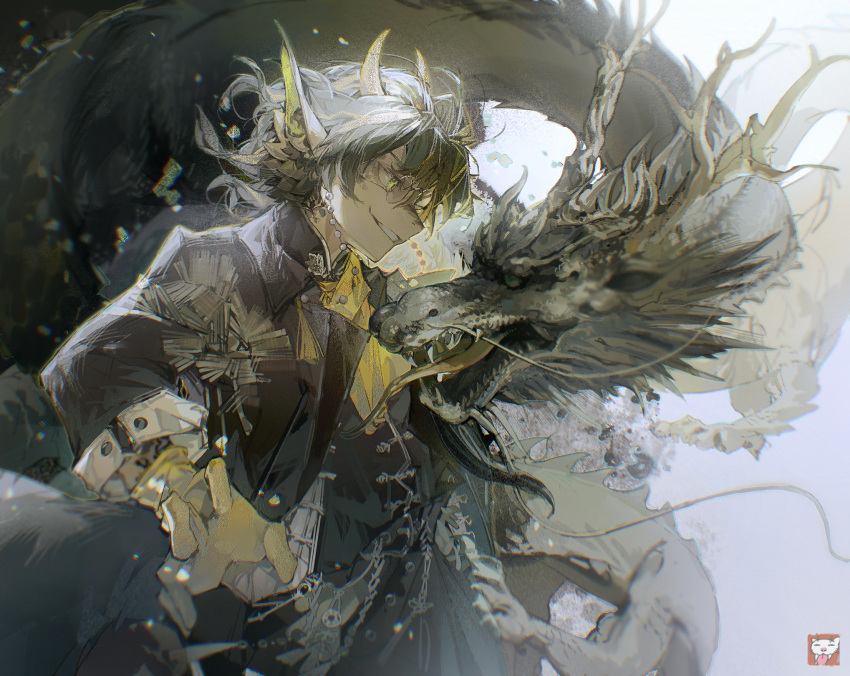 1boy, abulb, arknights, blonde_hair, brown_hair, chinese_clothes, dragon_boy, dragon_horns