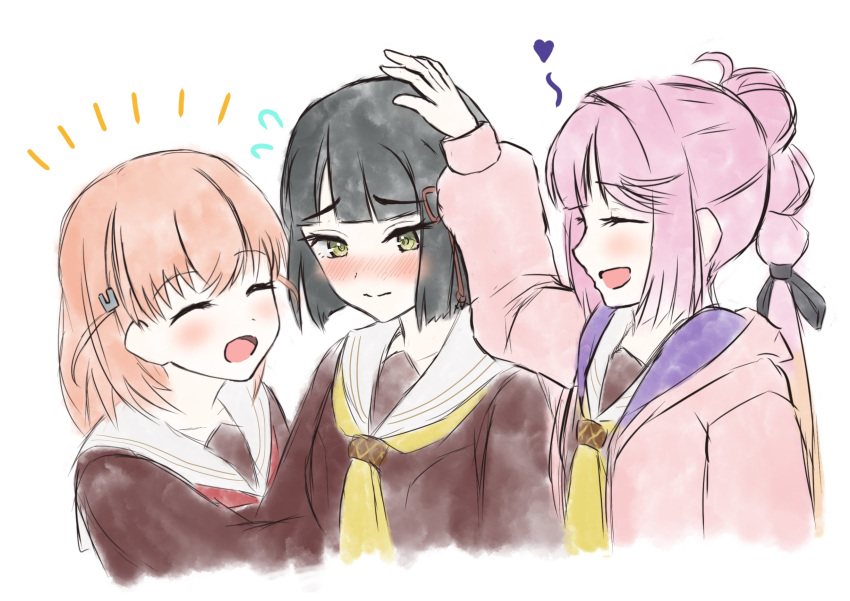 3girls, :d, ^_^, absurdres, ahoge, anyoji_hime, black_hair, black_ribbon