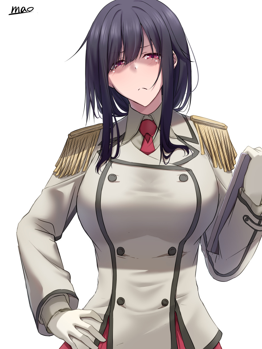 1girl, absurdres, black_hair, blush, breasts, buttons, cosplay, double-breasted, epaulettes, gloves, hair_ornament, hand_on_own_hip, highres, jacket, kantai_collection, kashima_(kancolle), kashima_(kancolle)_(cosplay), long_sleeves, looking_at_viewer, m.a.o, military, military_jacket, military_uniform, neckerchief, notebook, red_eyes, red_neckerchief, short_hair, solo, upper_body, yamashiro_(kancolle)