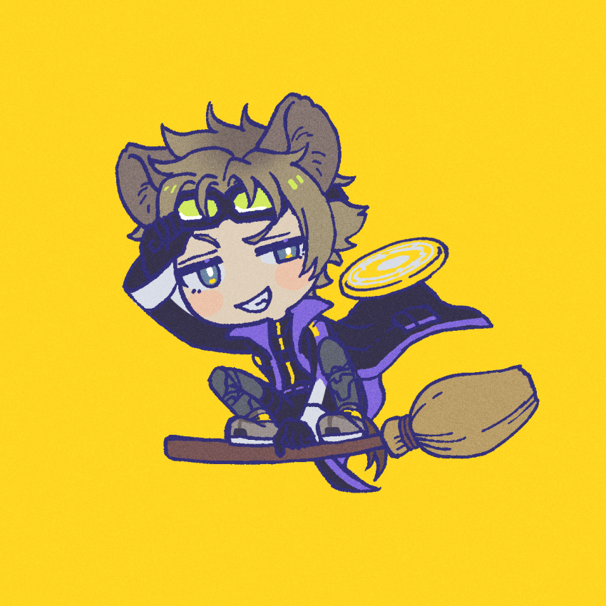 1boy, ashnnk, black_coat, blue_eyes, broom, broom_riding, brown_hair, chibi