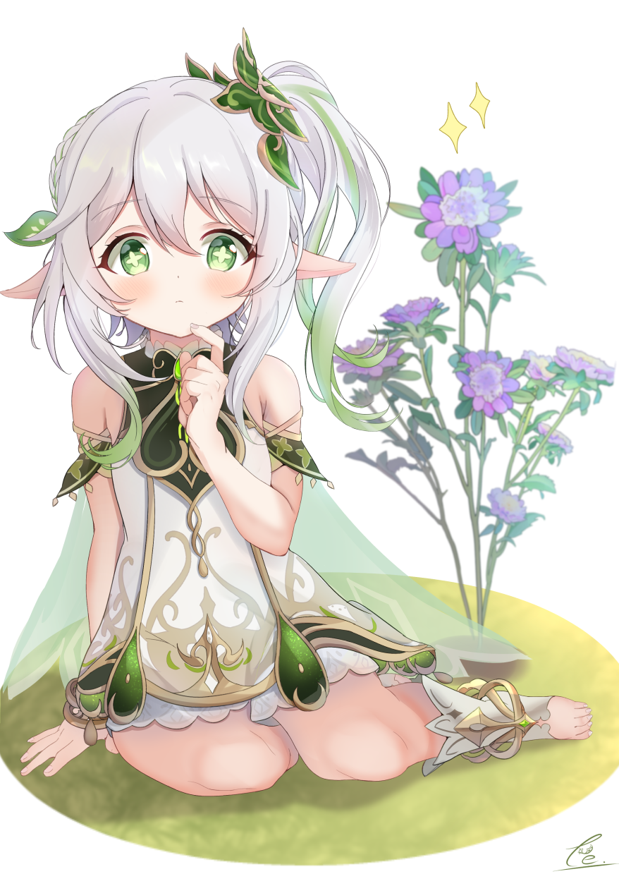 1girl, bare_shoulders, bloomers, blush, bracelet, closed_mouth, commentary_request, detached_sleeves