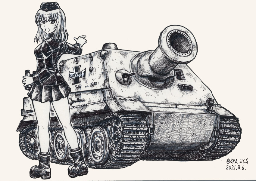 1girl, ankle_boots, binoculars, boots, dated, emblem, from_behind, frown, garrison_cap, girls_und_panzer, greyscale, hat, highres, holding, holding_binoculars, itsumi_erika, jacket, kuromorimine_(emblem), kuromorimine_military_uniform, long_sleeves, looking_at_viewer, looking_back, medium_hair, military_hat, military_uniform, military_vehicle, miniskirt, monochrome, motor_vehicle, nspa_(spa-jcs), open_mouth, pleated_skirt, pointing, sketch, skirt, socks, solo, standing, sturmtiger, tank, twitter_username