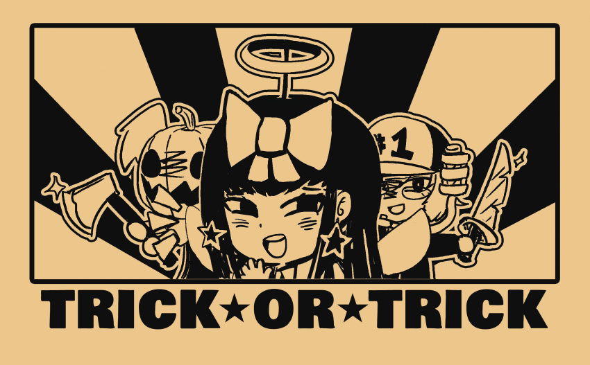 3girls, axe, baseball_cap, blush, bow, brown_theme, chinese_commentary, commentary_request