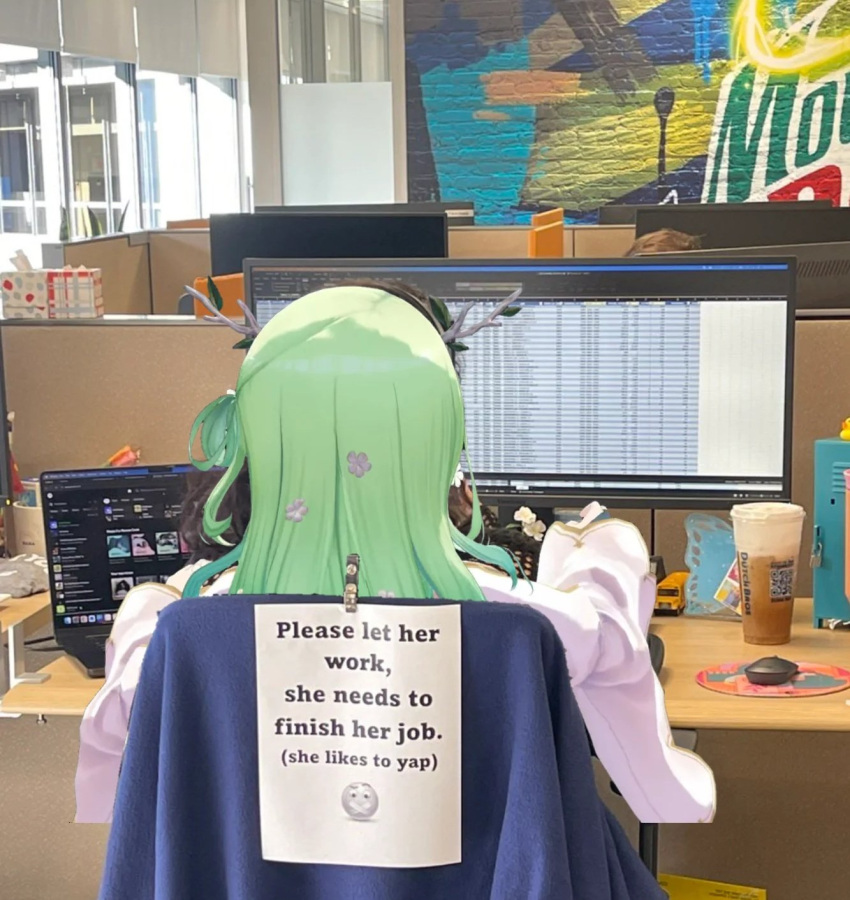 1girl, branch, ceres_fauna, computer, computer_mouse, cup, desk, disposable_coffee_cup, disposable_cup, flower, from_behind, green_hair, hair_flower, hair_ornament, highres, hololive, hololive_english, indoors, laptop, long_hair, long_sleeves, monitor, mountain_dew, mousepad_(object), nakiri_virus, office, on_chair, paper, photo-referenced, photo_background, sitting, solo, spotify, tree_horns, virtual_youtuber, window
