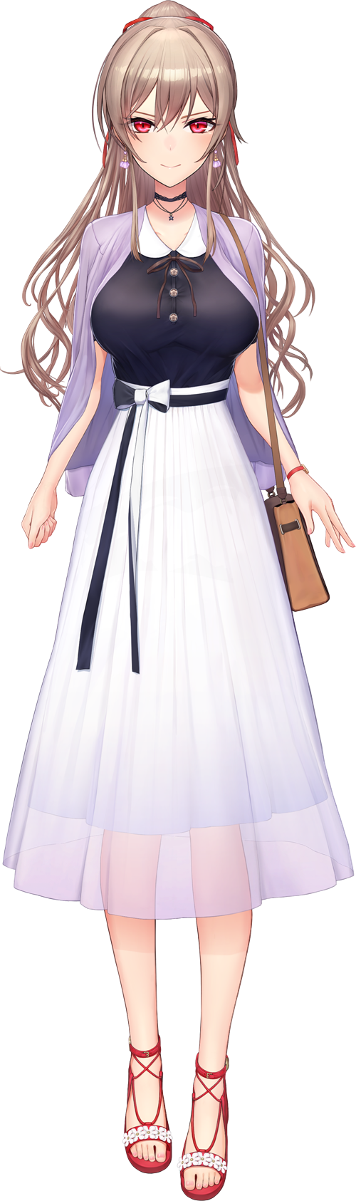 1girl, bag, black_choker, black_sash, black_shirt, bracelet, breasts, brown_hair