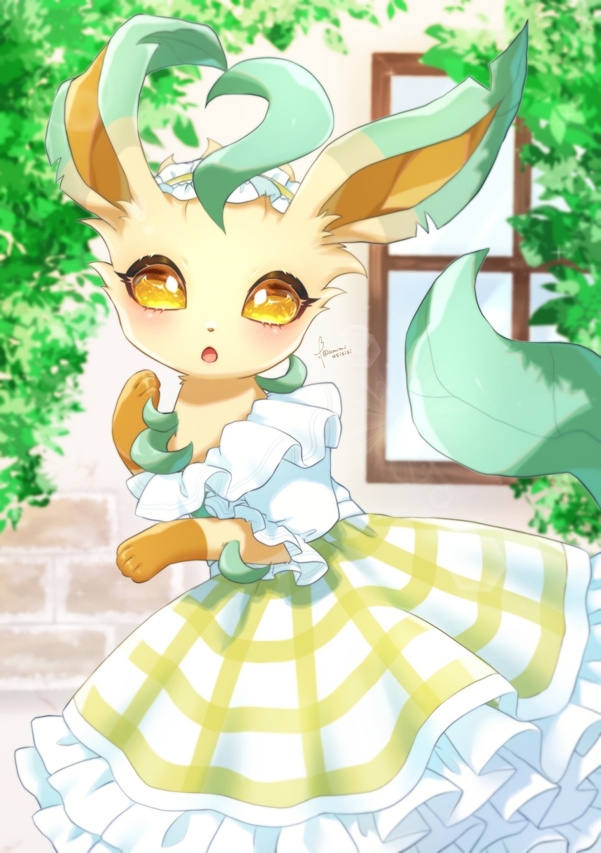 :o, aije, animal_focus, blush, brown_eyes, dress, highres, leafeon