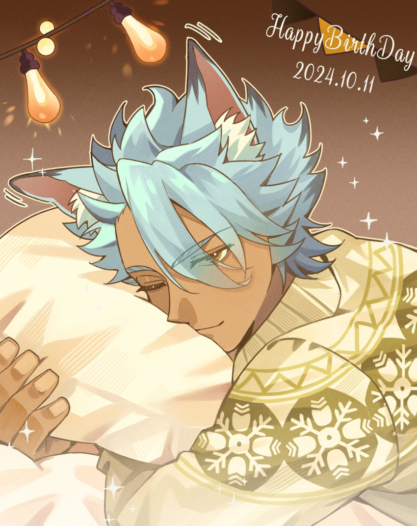 1boy, animal_ear_fluff, animal_ears, blue_hair, brown_background, brown_eyes, dated, happy_birthday
