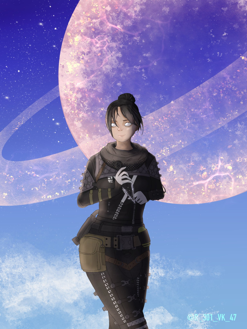 1girl, apex_legends, arrow_(r_301_vk_47), belt, black_belt, black_bodysuit, black_hair, black_scarf, blue_eyes, bodysuit, hair_bun, highres, holding, holding_knife, hope's_dusk_(apex_legends), knife, looking_to_the_side, no_pupils, nose_piercing, parted_bangs, piercing, pink_lips, planet, scarf, single_hair_bun, smile, solo, twitter_username, walking, wraith_(apex_legends)