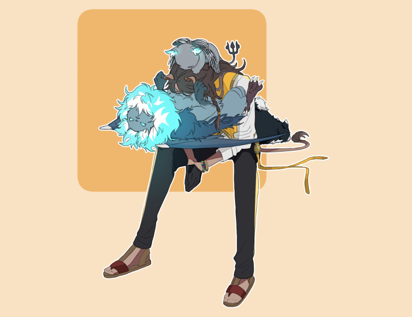 1boy, animal, animal_ears, brown_hair, cat, chimera, chimera_(twisted_wonderland), commentary_request, creature, creature_on_head, dragon_wings, full_body, grim_(twisted_wonderland), highres, invisible_chair, leona_kingscholar, lion_boy, lion_ears, lion_tail, long_hair, lucius_(twisted_wonderland), male_focus, neck_fire, night_raven_college_uniform, raccoonlot, sandals, school_uniform, sitting, solo, tail, twisted_wonderland, vest, wings, yellow_background, yellow_vest