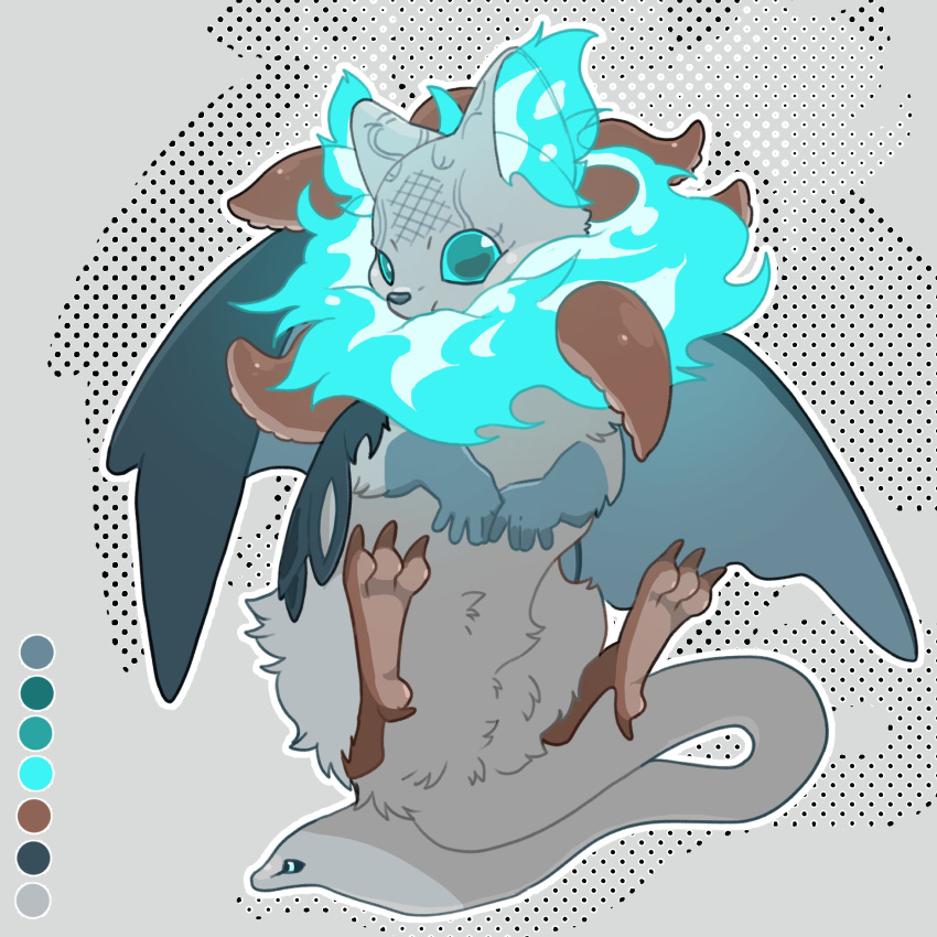 blue_eyes, chimera, chimera_(twisted_wonderland), color_guide, commentary_request, creature, dragon_wings, full_body, grey_background, highres, looking_at_viewer, neck_fire, no_humans, raccoonlot, snake_tail, tail, tentacles, twisted_wonderland, wings