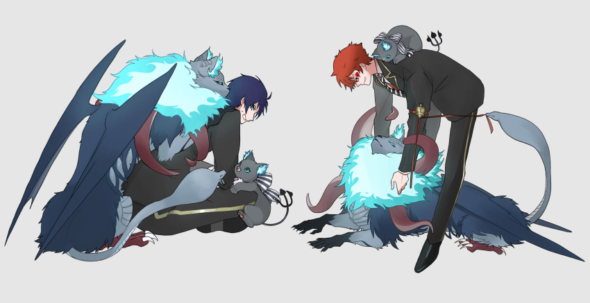2boys, absurdres, ace_trappola, blue_eyes, blue_hair, cat, chimera, chimera_(twisted_wonderland)