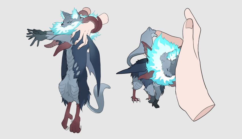 absurdres, blue_eyes, chimera, chimera_(twisted_wonderland), commentary_request, disembodied_hand, dragon_wings, grey_background