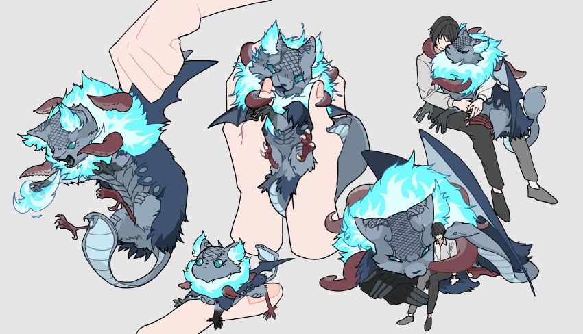 1other, absurdres, black_hair, blue_eyes, breath_weapon, breathing_fire, chimera, chimera_(twisted_wonderland)