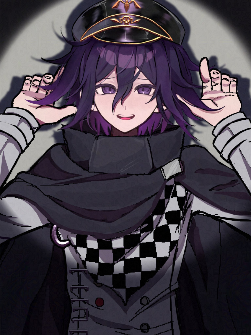 1boy, 39r_mt, black_cape, buttons, cape, checkered_clothes, checkered_scarf, danganronpa_(series)