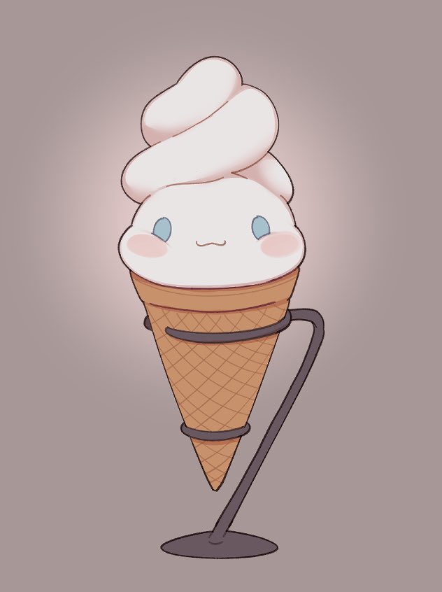 :3, animal_focus, blue_eyes, cinnamoroll, commentary, cone_holder, floppy_ears, food_focus, fuwa_fuwa_cinnamoroll, grey_background, ice_cream_cone, looking_at_viewer, no_humans, reimentyuru, sanrio, simple_background, symbol-only_commentary, very_long_ears, white_dog